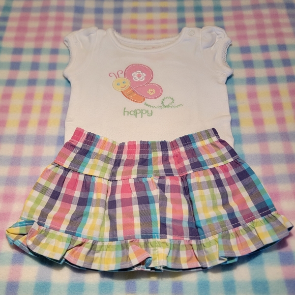 GARANIMALS 🌺 2pc Embroidered Bee "HAPPY" Onesie|Multi Color Plaid Mini Skirt NB - Picture 4 of 11
